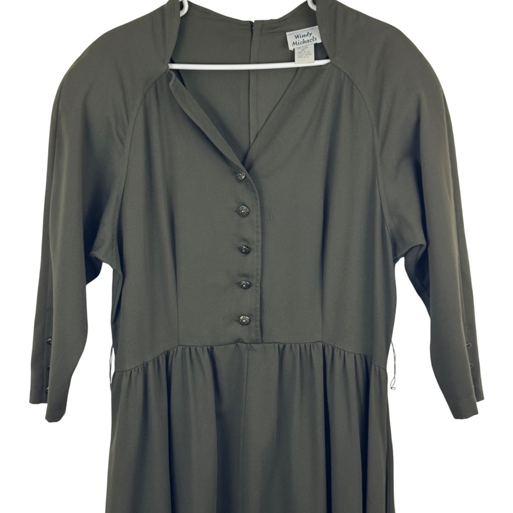 Vintage 80s Olive Green Midi Dress Prairie Cottagecore Dark Academia USA 13/14 - Picture 4 of 11